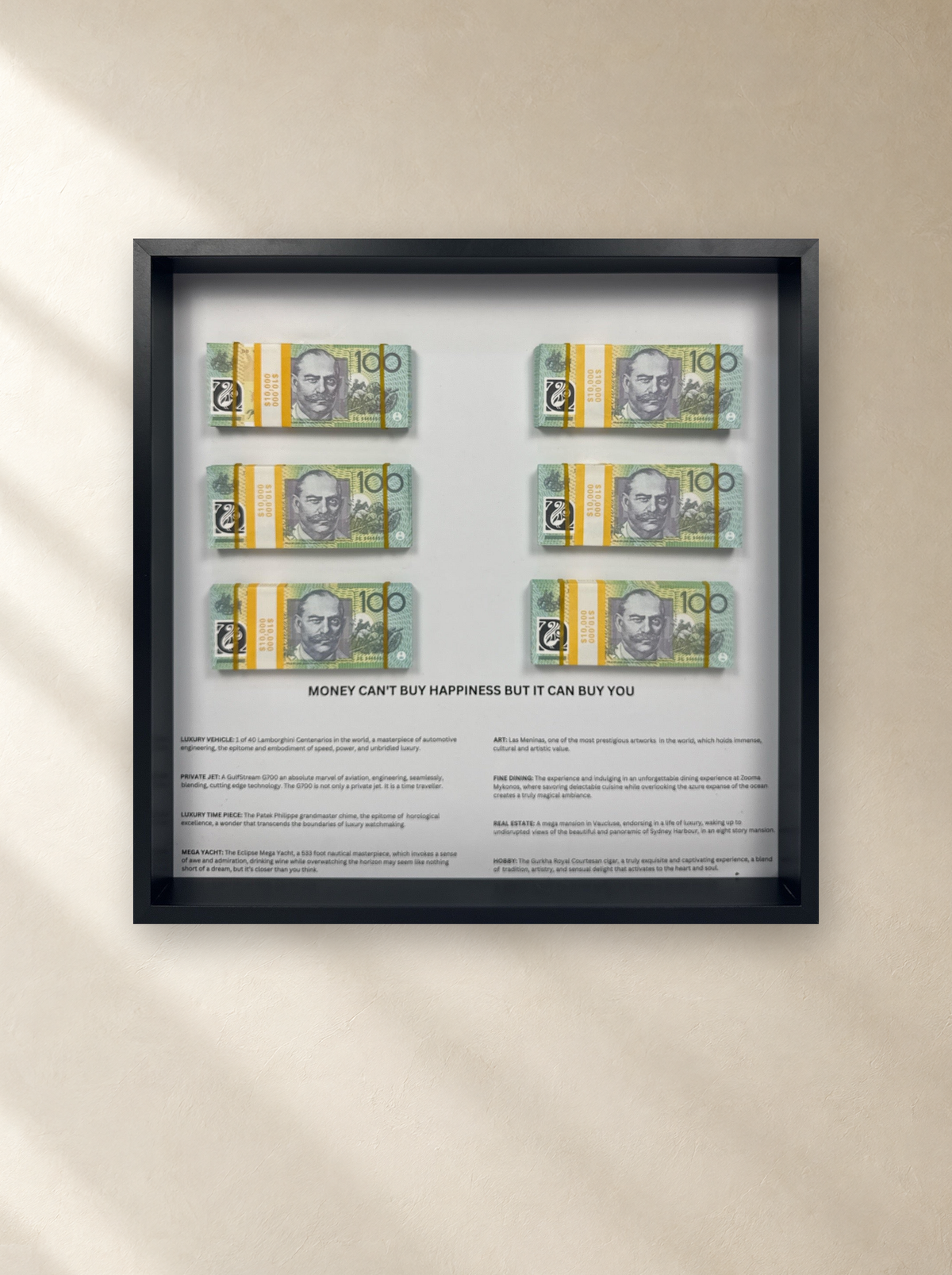 Money Can't Buy Happiness Frame – White by Uhoh Studio on a gallery wall