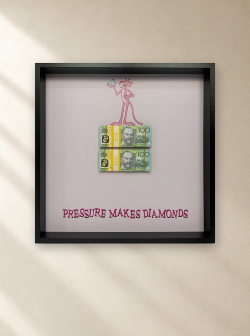 Pink Panther's Pressure frame (52 x 52 cm) hung on a warm plaster wall – Uhoh Studio