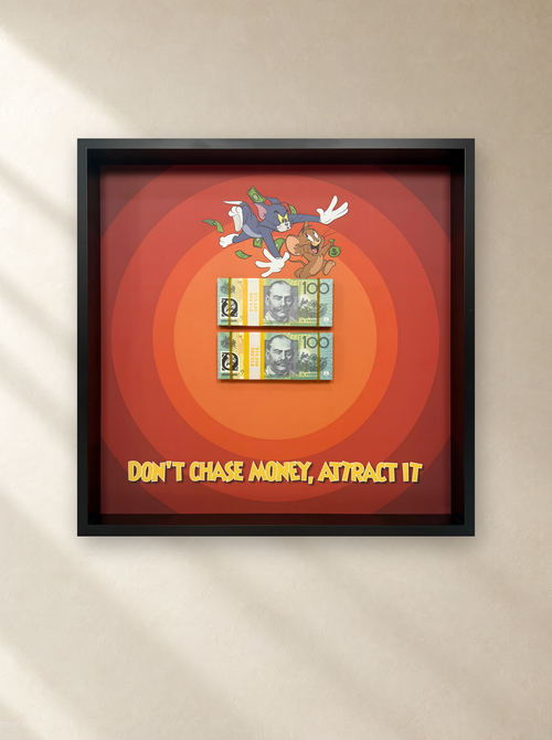 Tom and Jerry's Chase frame (52 x 52 cm) hung on a warm plaster wall – Uhoh Studio