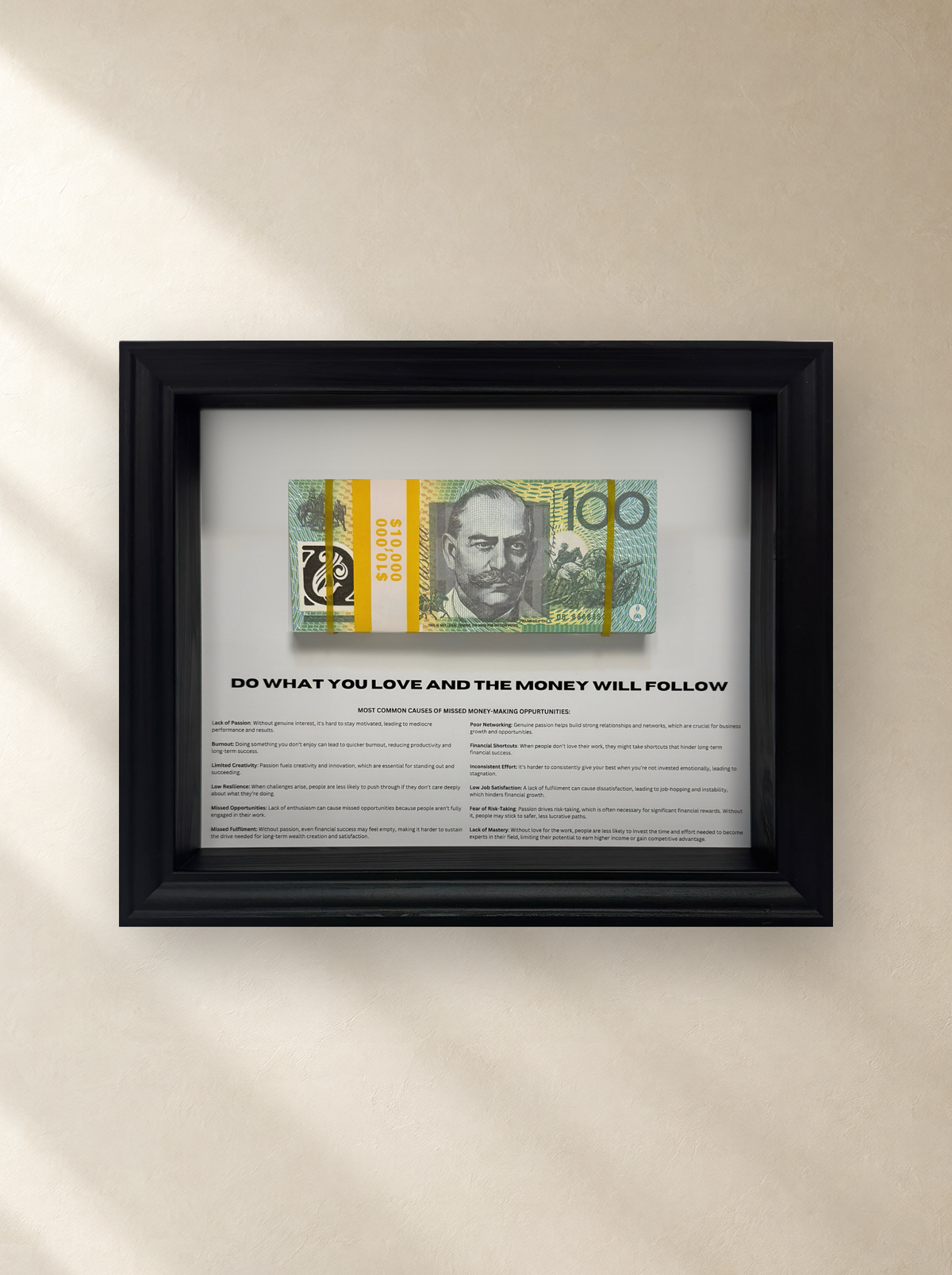 The Money Mindset frame (28 x 23 cm) hung on a warm plaster wall – Uhoh Studio