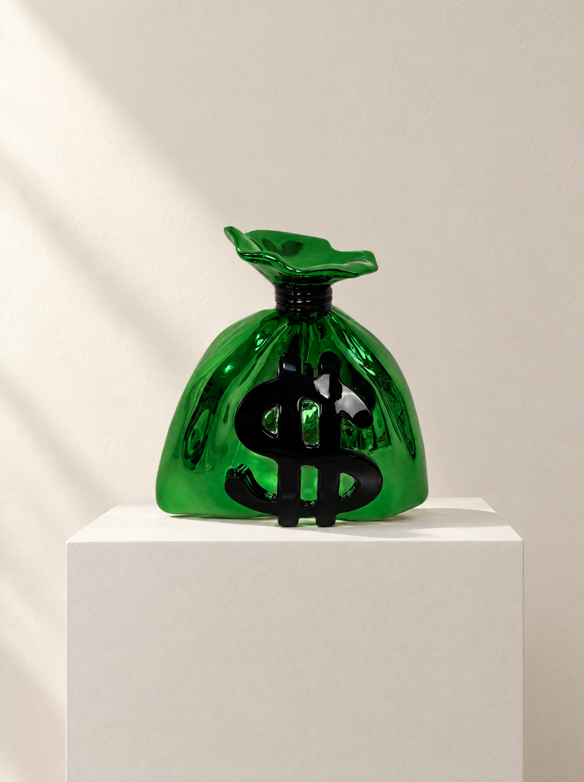 Cash Grab green resin money-bag sculpture displayed in a gallery setting – Uhoh Studio