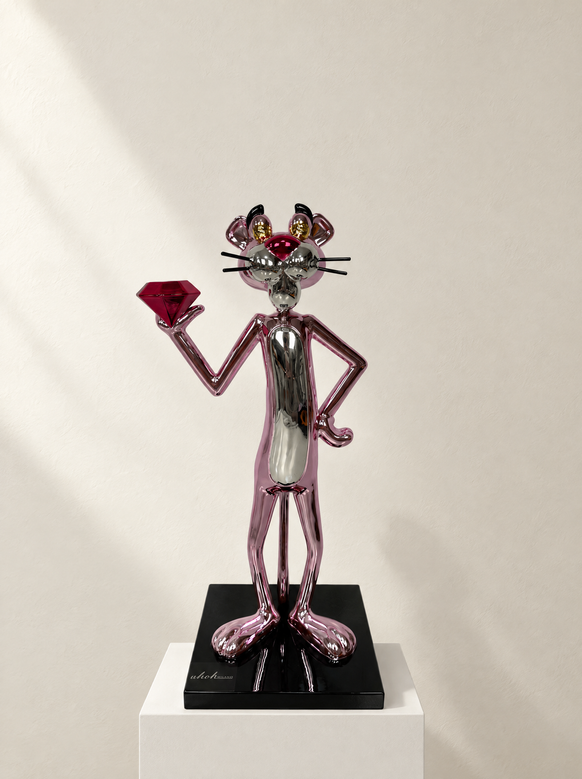 Pink Panther's Pressure V2 resin sculpture displayed in a gallery setting – Uhoh Studio