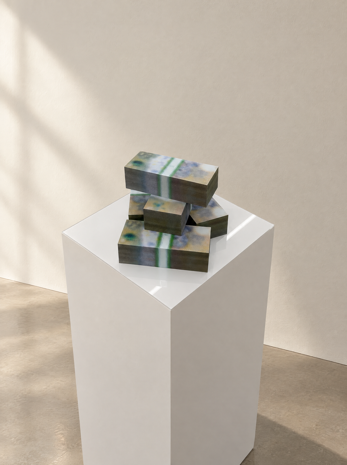 MONEY BLUR prop-money sculpture displayed in a gallery setting – Uhoh Studio